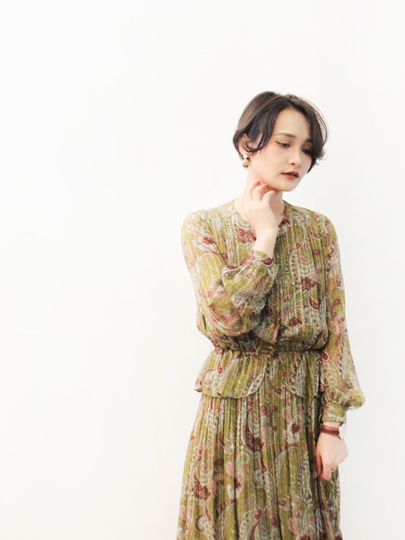 复古春夏日本制典雅大人感橄榄黄绿变形虫图腾宽松长袖古着洋装 - 洋装/连衣裙 - 聚酯纤维 黄色