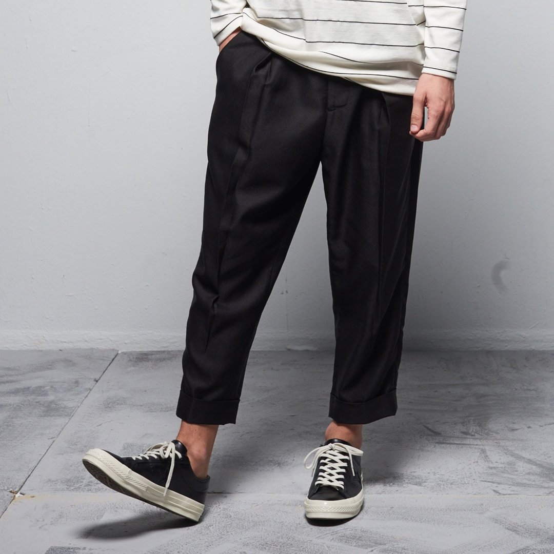 Stone@S Wild-Leg Trousers With Pleated / 褶子西裤 黑 - 男士长裤 - 棉 黑色