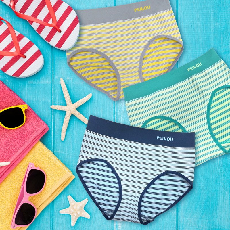 夏日条纹控抑菌无缝中腰内裤3入 女内裤 中腰 抑菌 - 女士内衣裤 - 聚酯纤维 蓝色