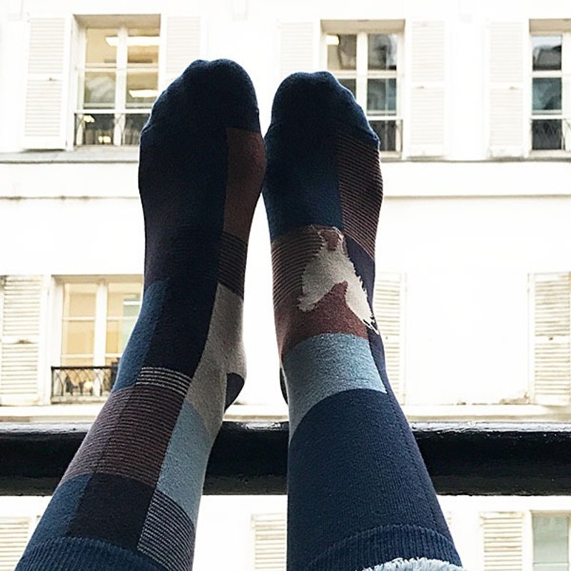 socks_blue_farm/ irregular / socks / stripes / bird - 袜子 - 棉．麻 蓝色