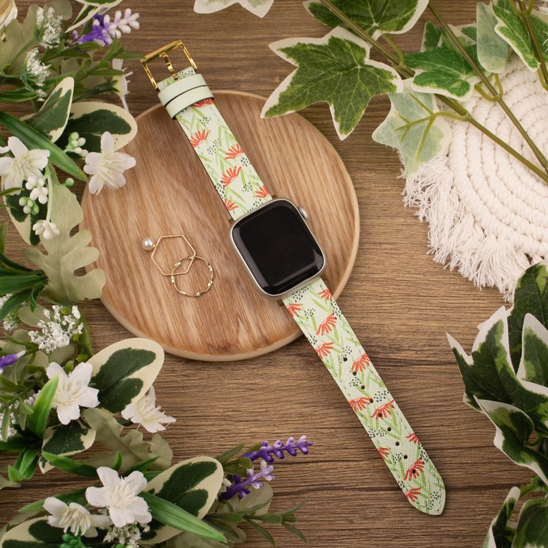橙色花朵绿色印花苹果表带Apple Watch 4/5/6/7/8/9/SE/Ultra 1 2 - 表带 - 真皮 绿色