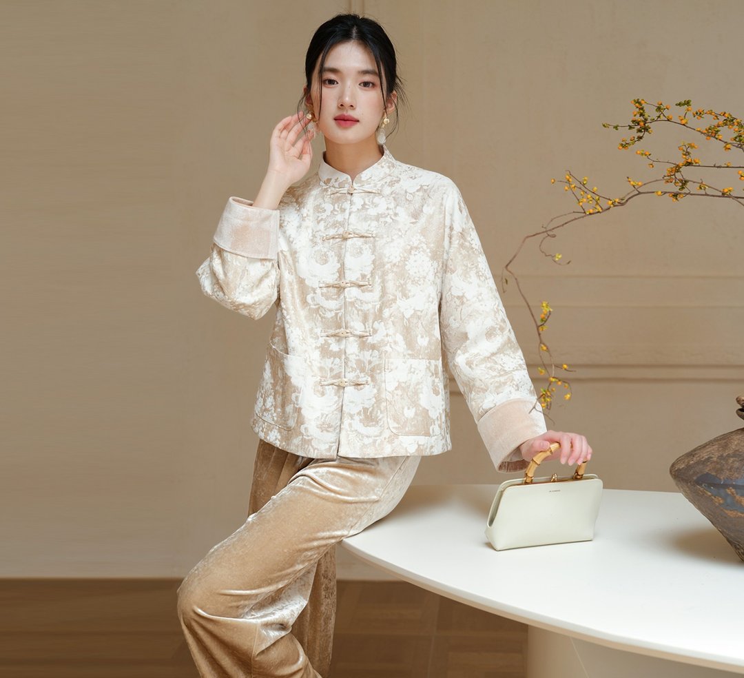 【丝绒提花】新中式复古中国风 盘扣外套/半裙 - 女装上衣 - 其他材质 白色