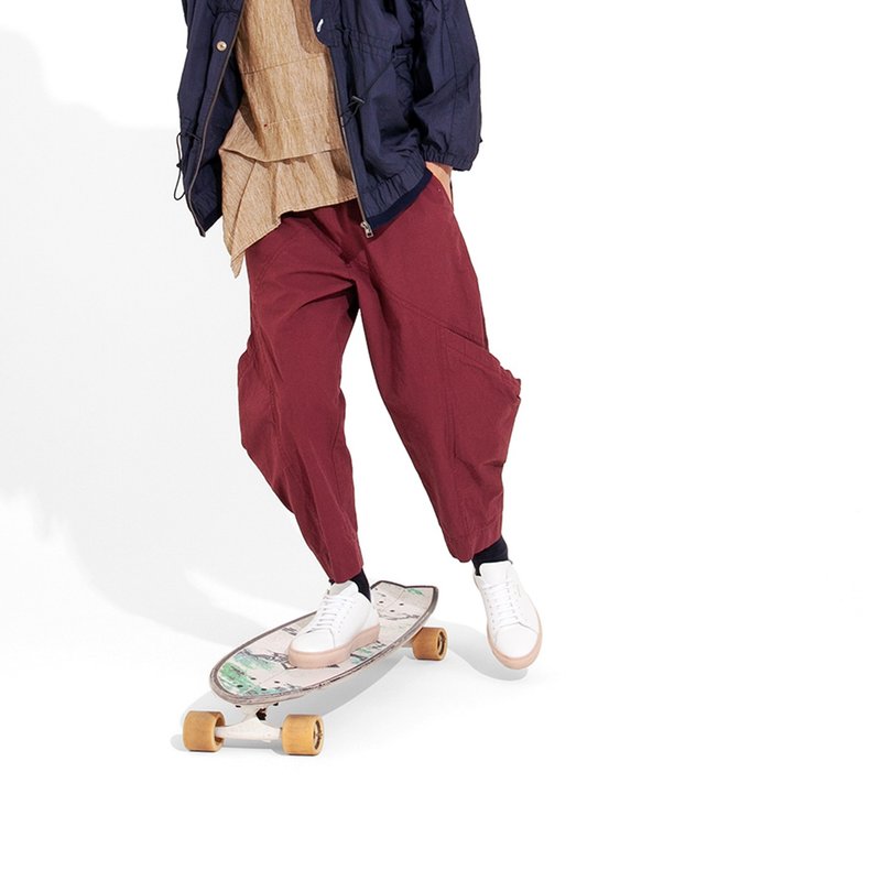 地堑突出大口袋松紧休闲长裤 - 中性裤装 - 棉．麻 红色