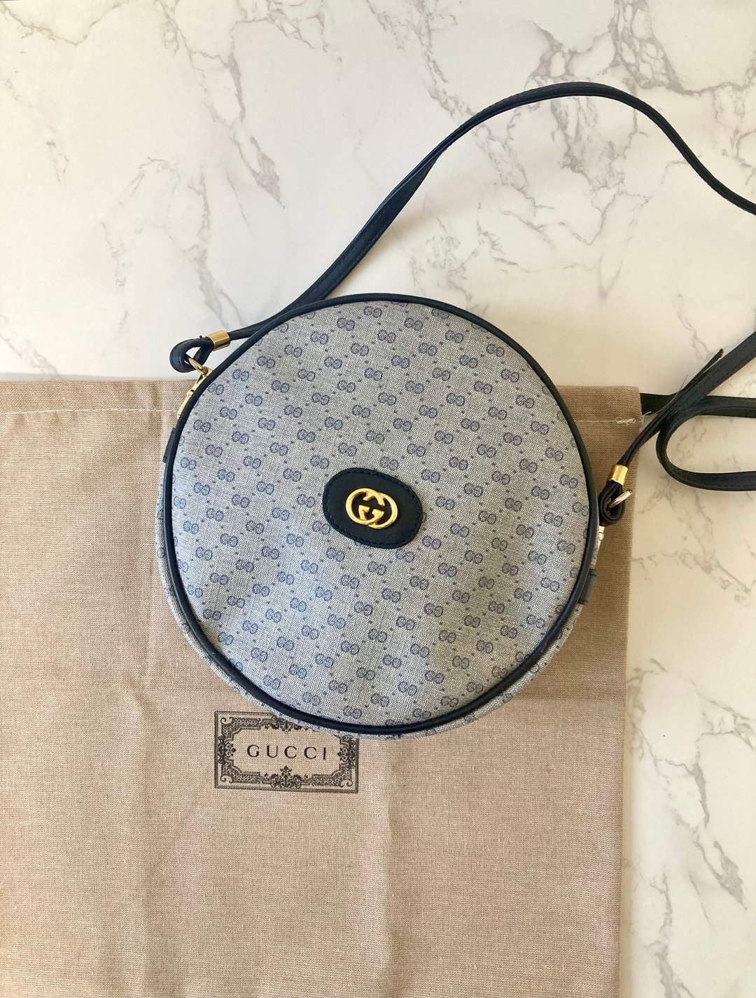 【附尘袋】稀有中古二手Gucci圆形蓝色老花侧背包斜背孭单肩手袋 - 侧背包/斜挎包 - 真皮 蓝色