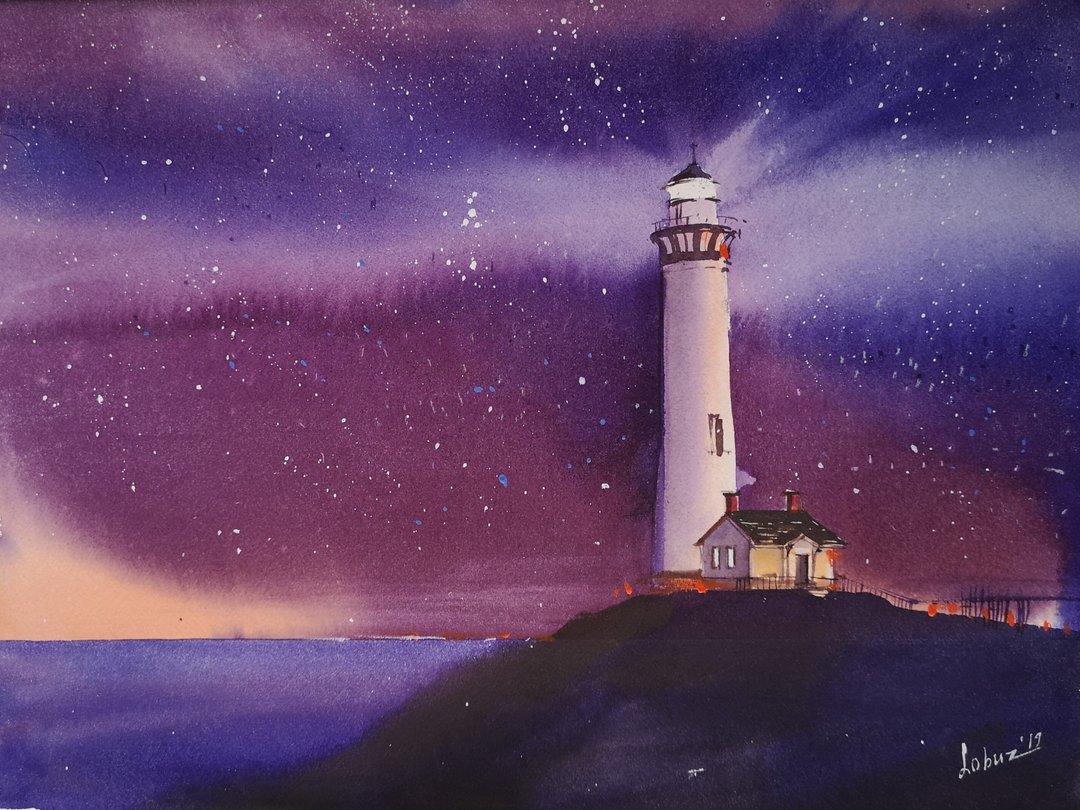 Lighthouse in the purple haze - Original watercolor - 墙贴/壁贴 - 纸 