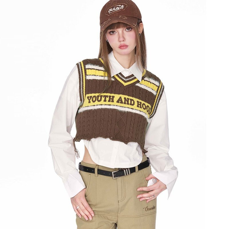 棕色毛衣背心 女装无袖马甲 学院复古上衣 - 女装背心 - 其他材质 咖啡色