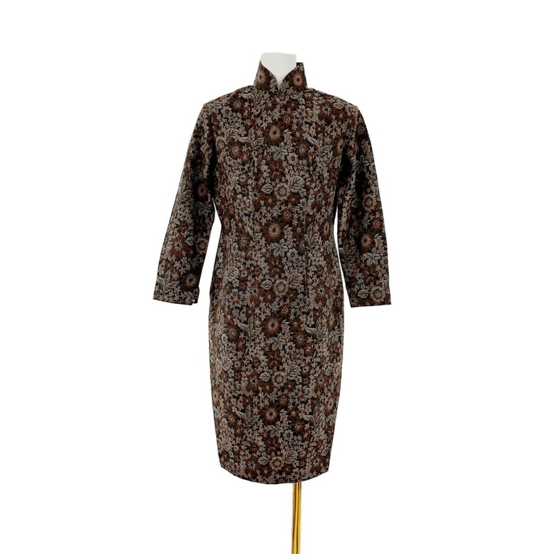 二手 古董订制 咖啡色 缇花 毛料 旗袍 长袖 PF206 - 旗袍 - 聚酯纤维 咖啡色
