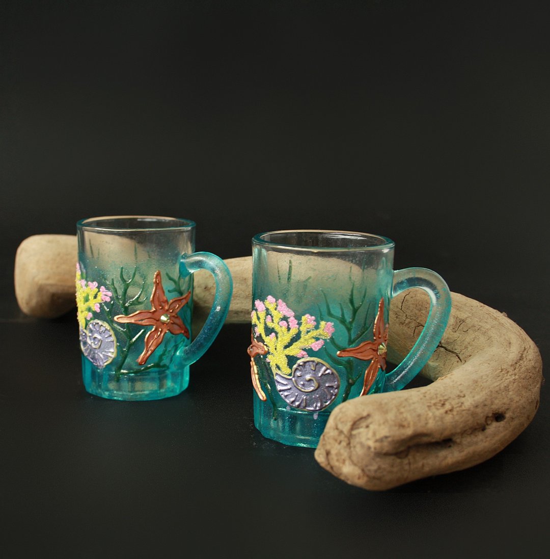 Glass Cups Shot Coffee Tea Sake Starfish Shell, Hand-painted set of 2 - 玻璃杯 - 玻璃 蓝色