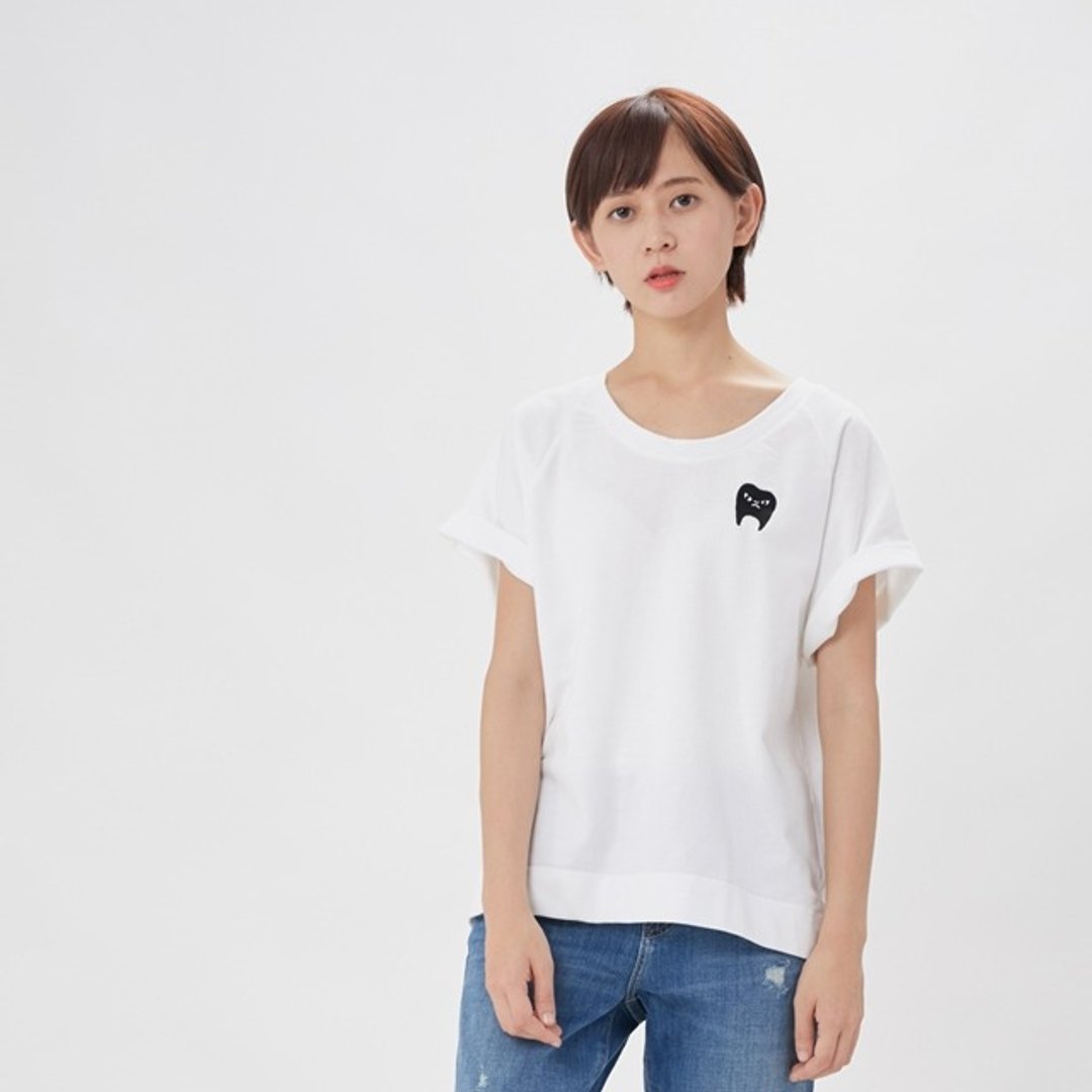 法國小毛圈嘿呀先生刺繡寬版上衣/白 - 女装 T 恤 - 棉 白色