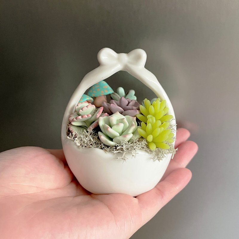 多款肉肉盆31号 提篮造型白瓷盆。软陶黏土多肉植物 - 摆饰 - 粘土 绿色
