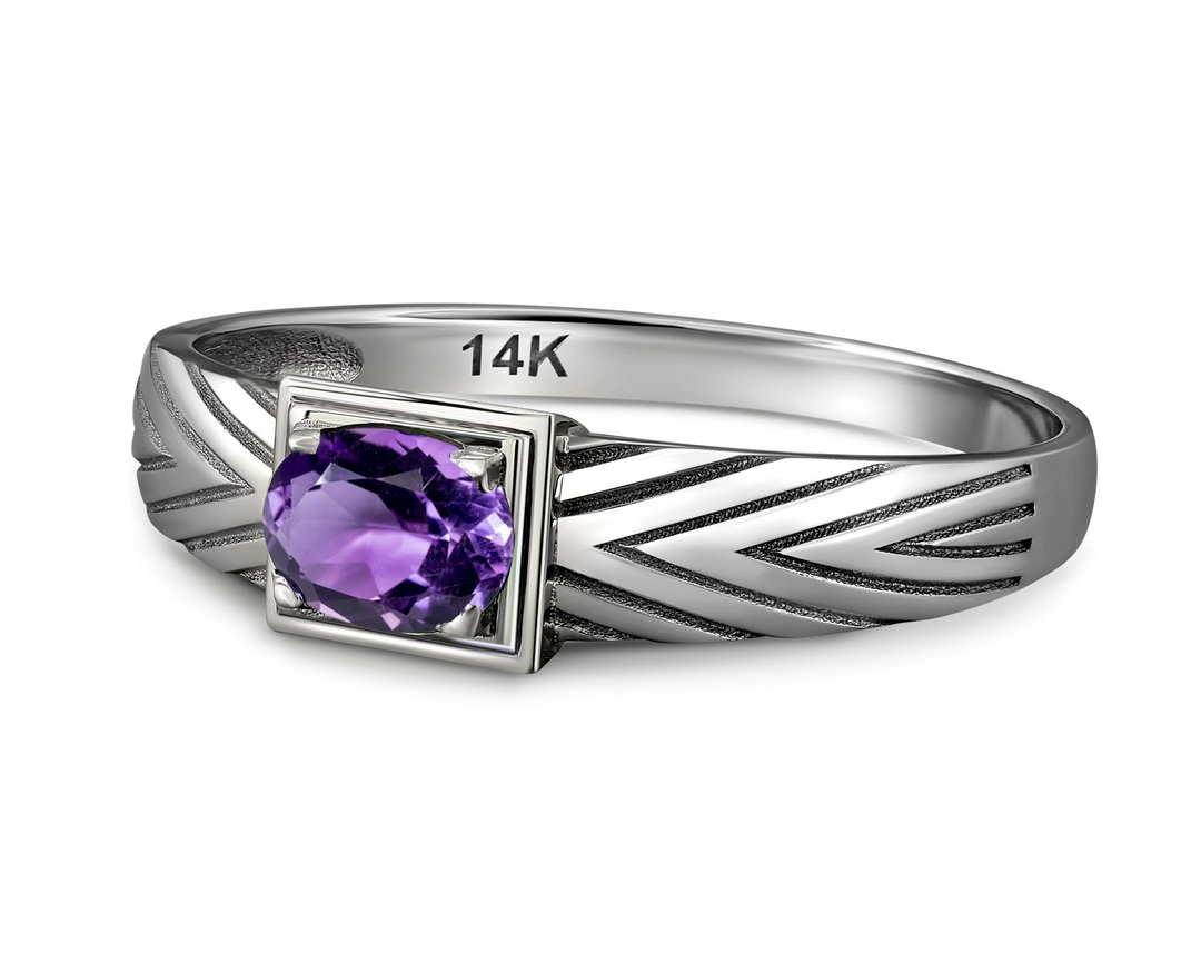 14K 金天然紫水晶男戒。 - 戒指 - 贵金属 金色