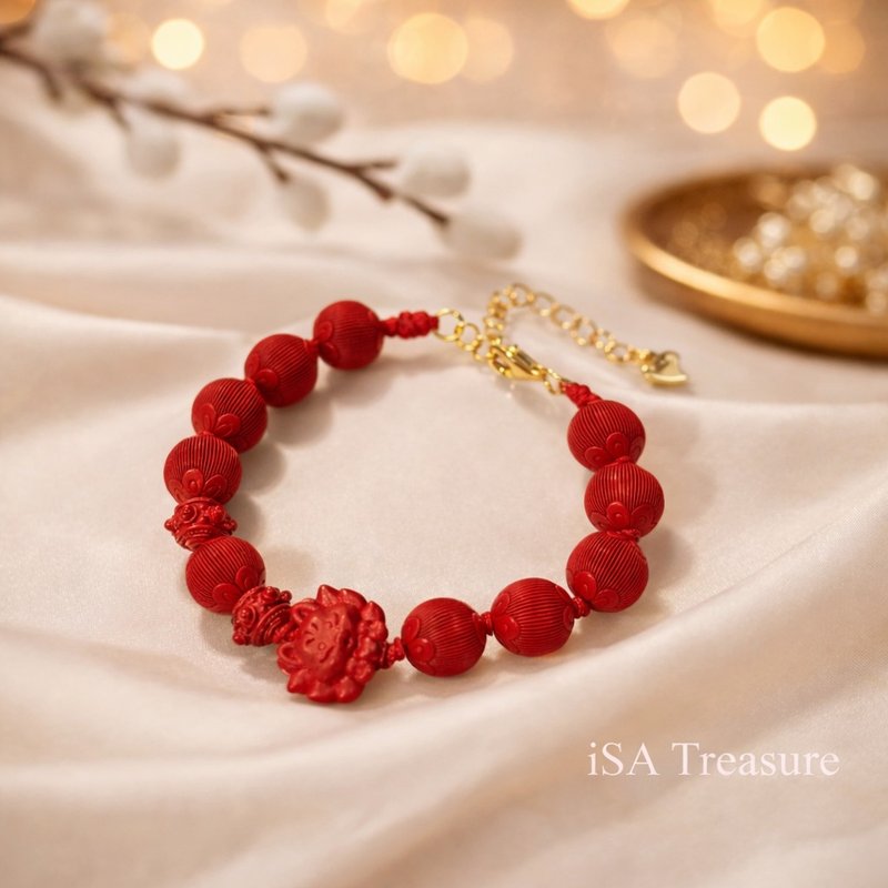 【深红守护】 朱砂 × 九尾狐能量手链 - 手链/手环 - 其他材质 粉红色