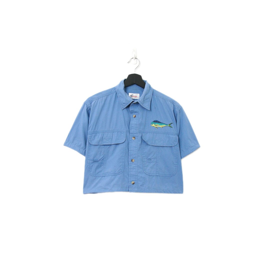 Back to Green-再制短板刺绣衬衫 清蓝鳍鱼 wt-17//vintage shirt - 女装衬衫 - 棉 
