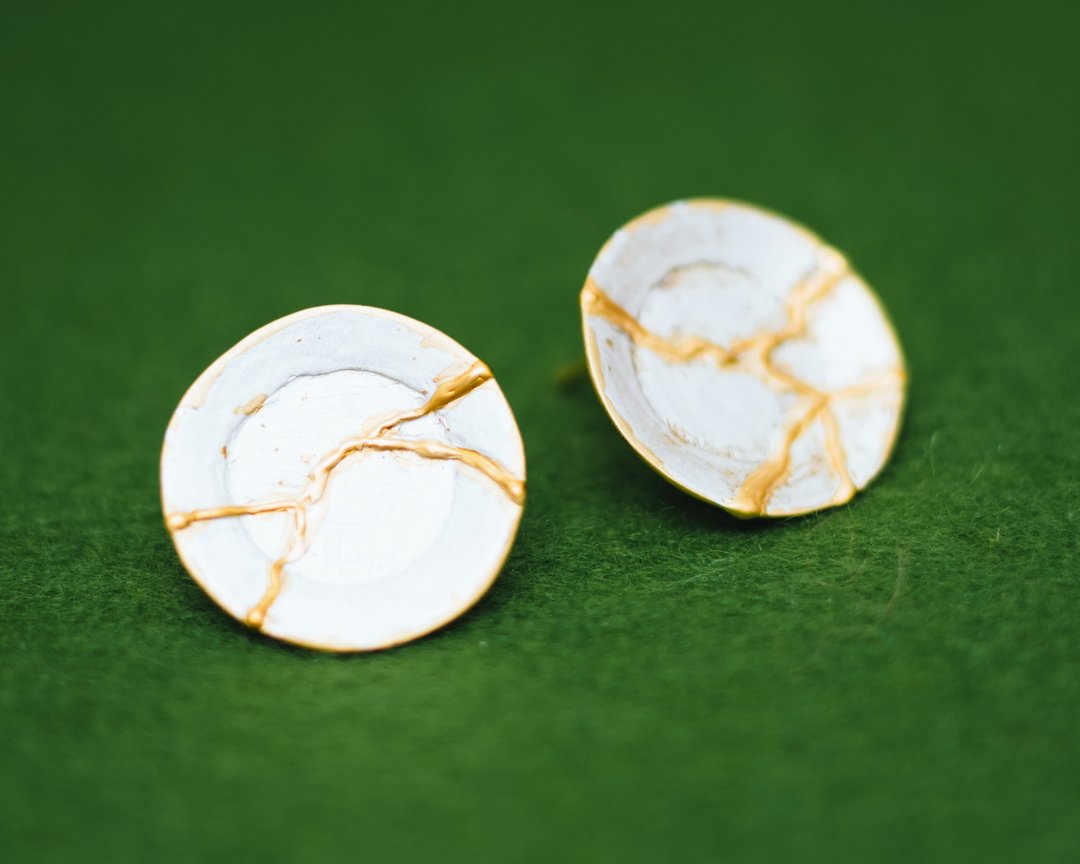 Japanese Kintsugi earrings - plates - Silver gold - Hypo-allergenic - 耳环/耳夹 - 银 银色