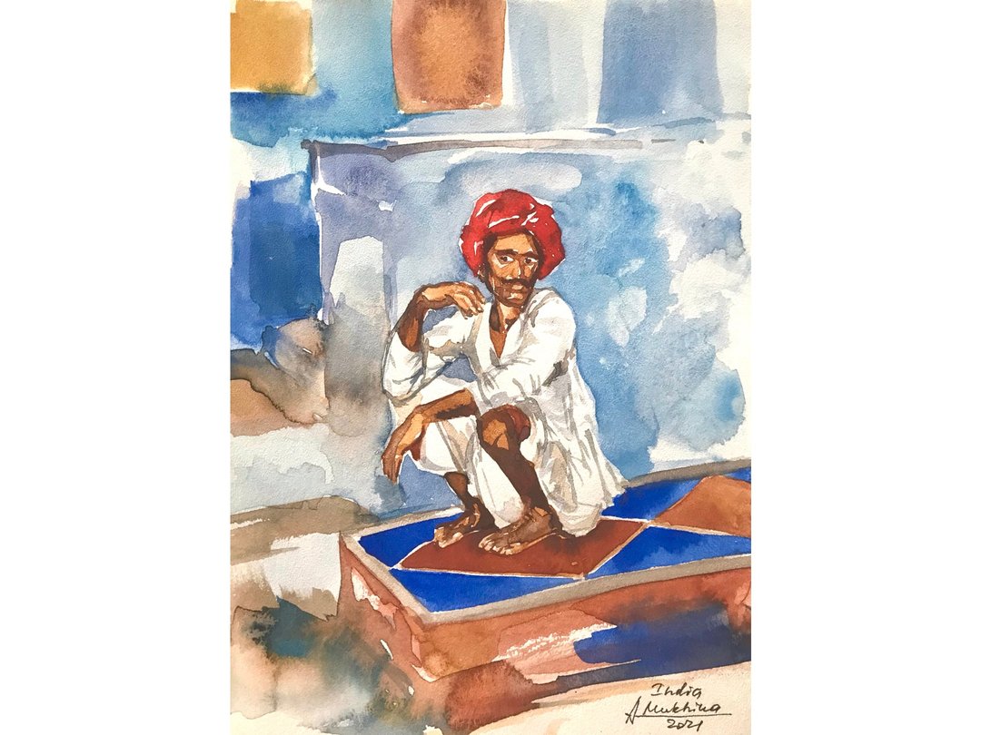 Indian art Indian painting Rajasthani man watercolor Original art sketch small a - 墙贴/壁贴 - 纸 蓝色