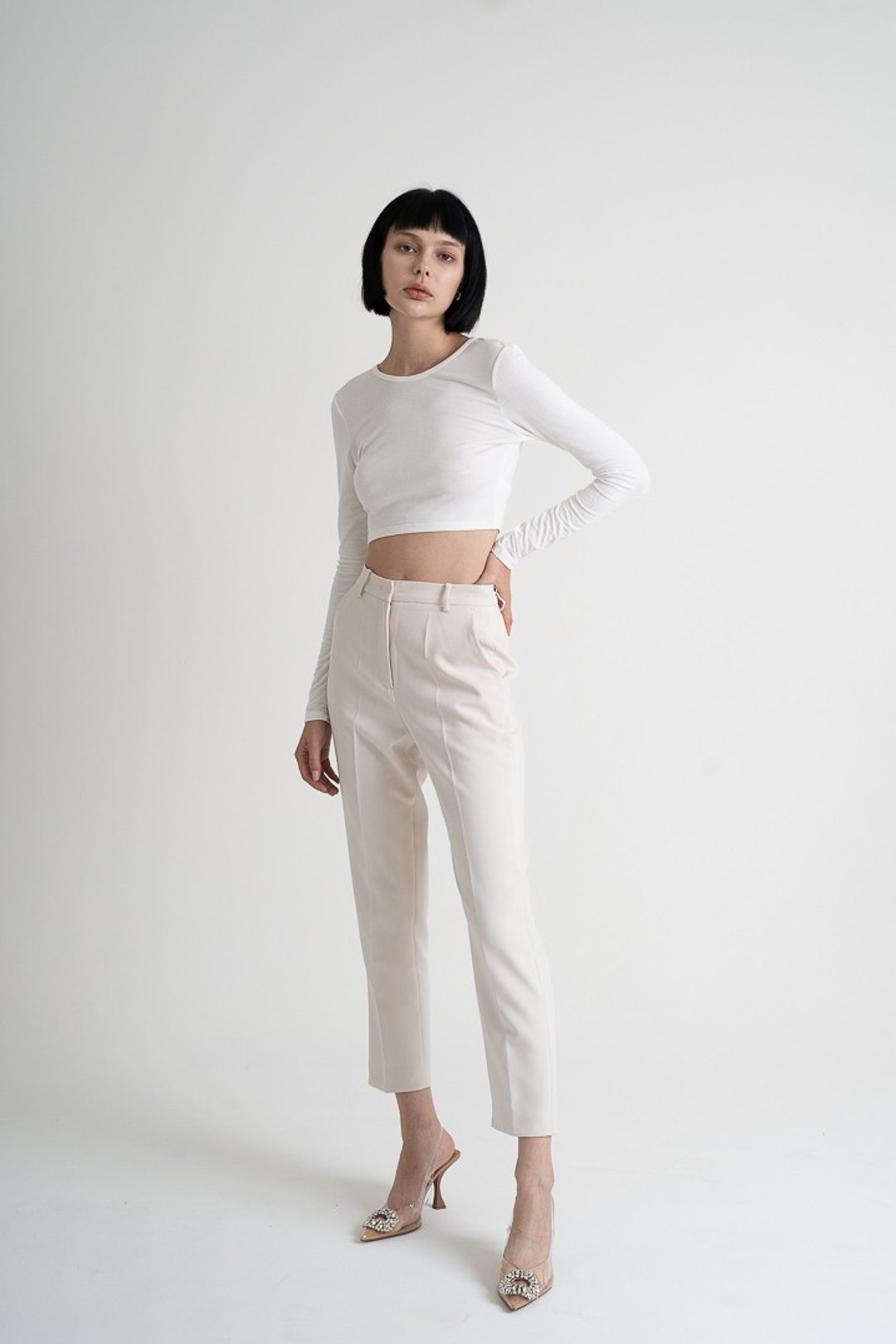 High Waist Jersey Trousers - White | 高腰九分西装老爷裤-奶白 - 女装长裤 - 聚酯纤维 白色
