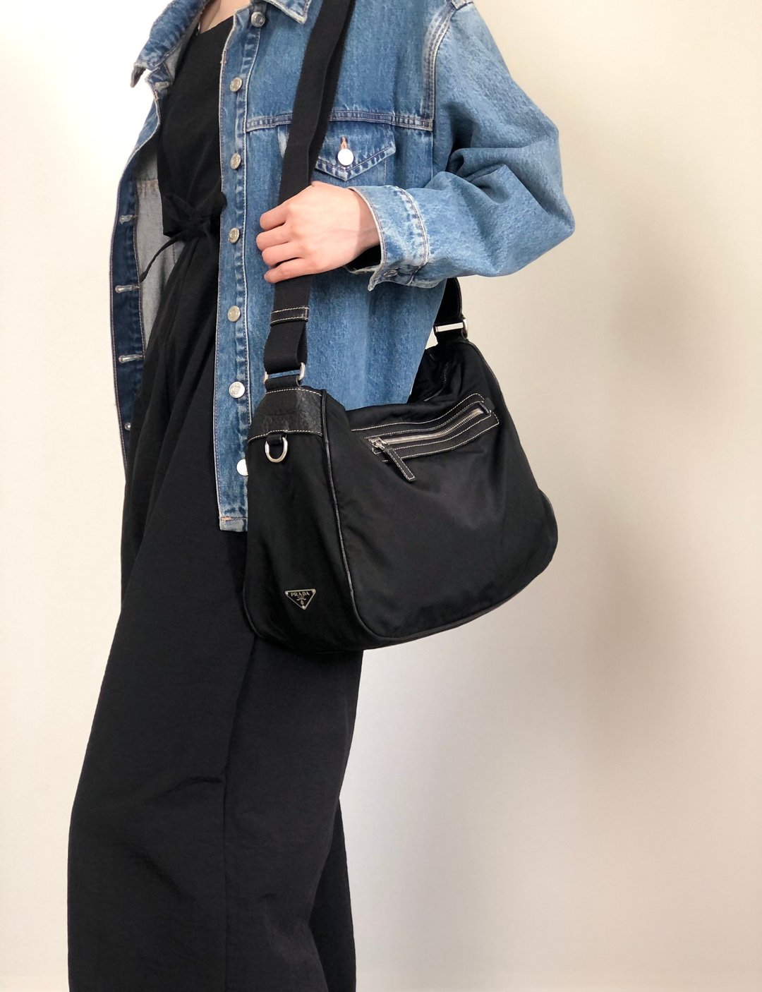 【日本直送 名牌中古包】PRADA 普拉达 侧背包 黑色 经典三角形 Logo 尼龙 vintage 古着 old w53g57 - 侧背包/斜挎包 - 尼龙 黑色