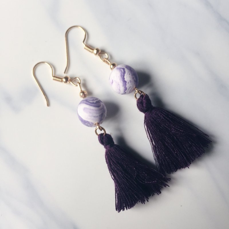 深紫色圆珠轻黏土水墨耳环 - 耳环/耳夹 - 粘土 紫色
