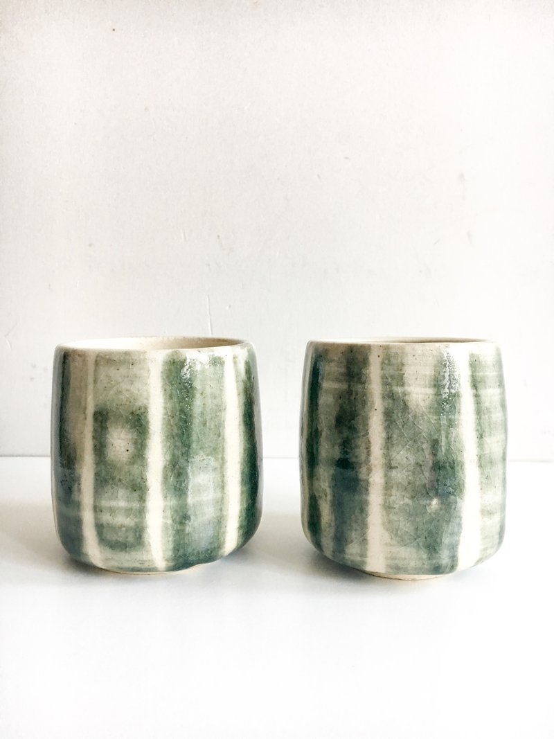 米色绿色条纹陶瓷茶杯一对 - 茶具/茶杯 - 陶 多色