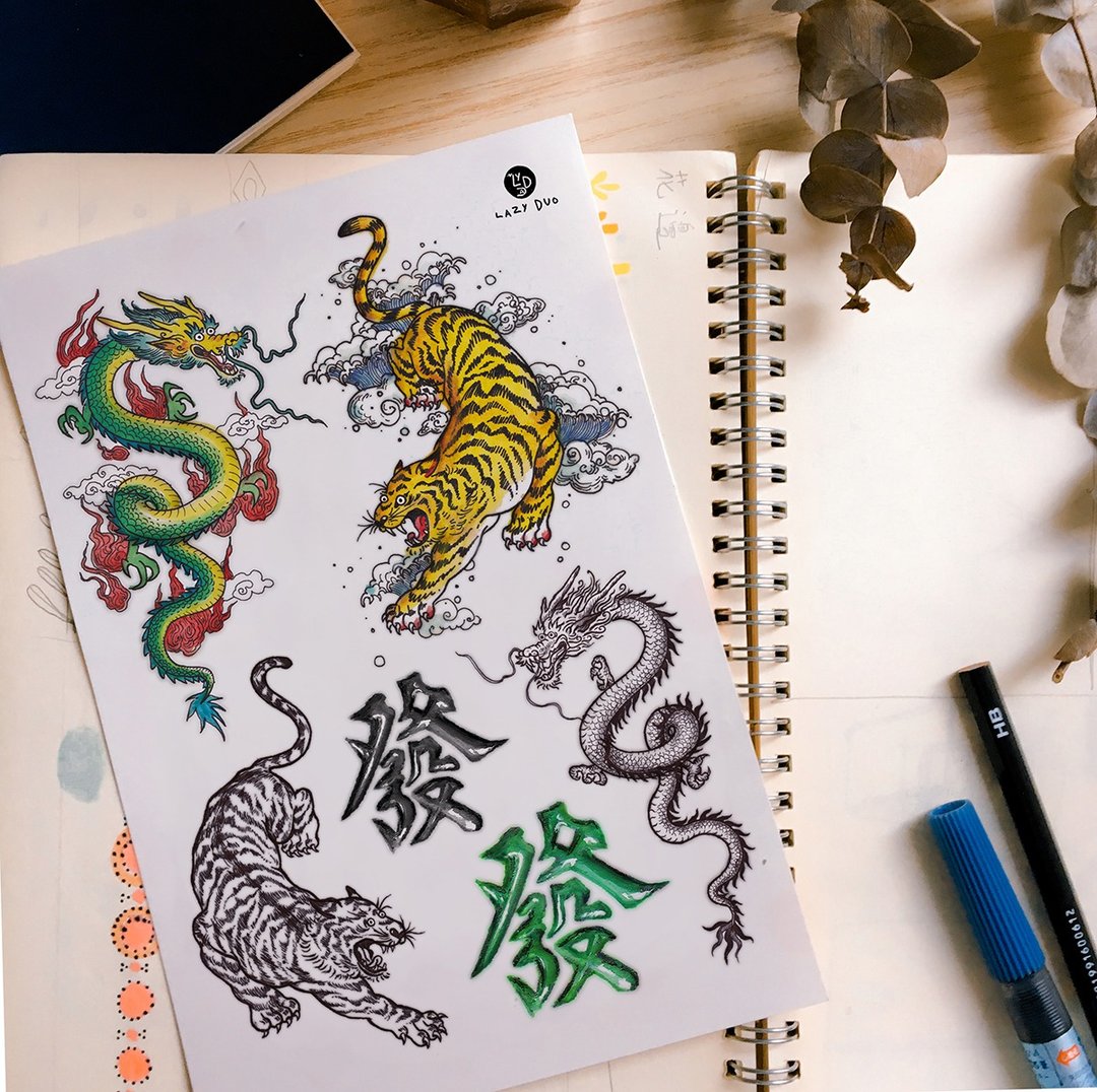 旧香港情怀儿时集体回忆左青龙右白虎刺青纹身贴纸持久防水防敏感 - 纹身贴 - 纸 多色
