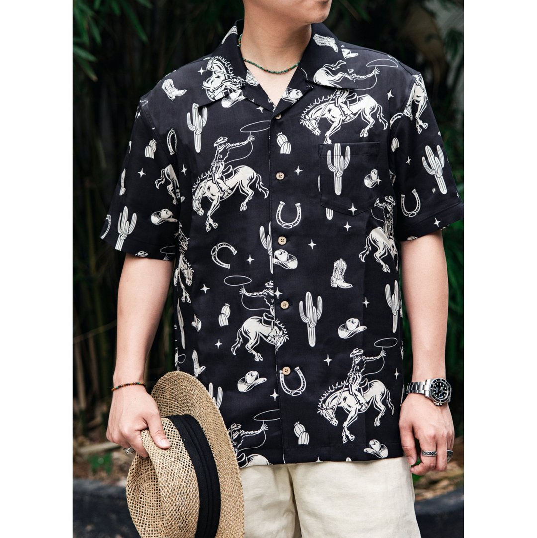 夏威夷衬衫 牛仔 仙人掌 黑色 亲肤舒适 短袖 休闲 Aloha Shirt - 男装衬衫 - 棉 黑色