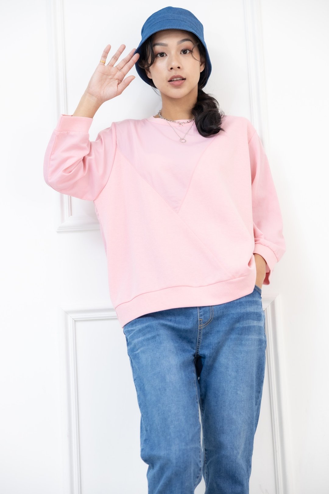 异材质拼接七分袖上衣 粉红色 - 女装上衣 - 其他材质 粉红色
