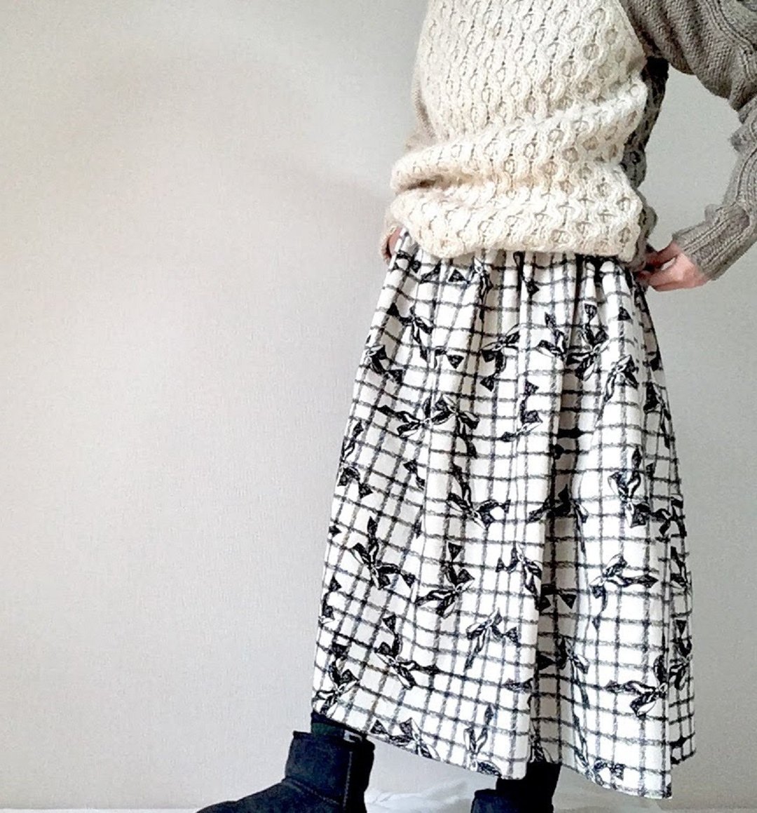 Ribbon pattern long skirt black - 裙子 - 棉 黑色