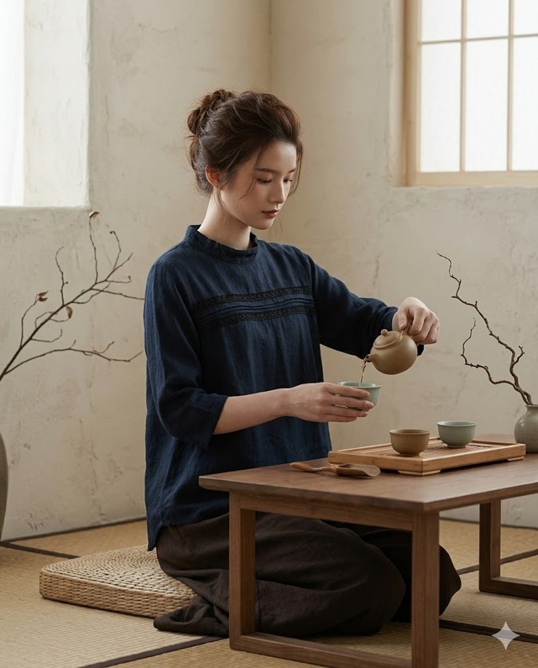 镂空横饰宽立领风琴褶工艺上衣 - 女装上衣 - 棉 