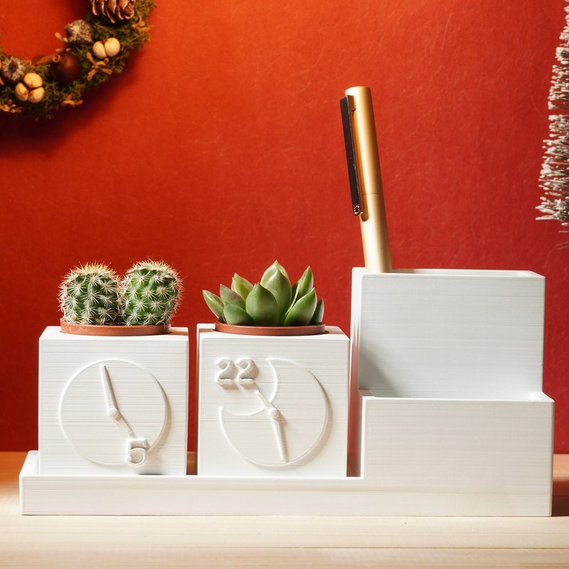 【升迁礼物3】步步高升水泥笔筒底座 & 准时下班多肉盆栽 3件组 - 名片架/名片座 - 水泥 白色