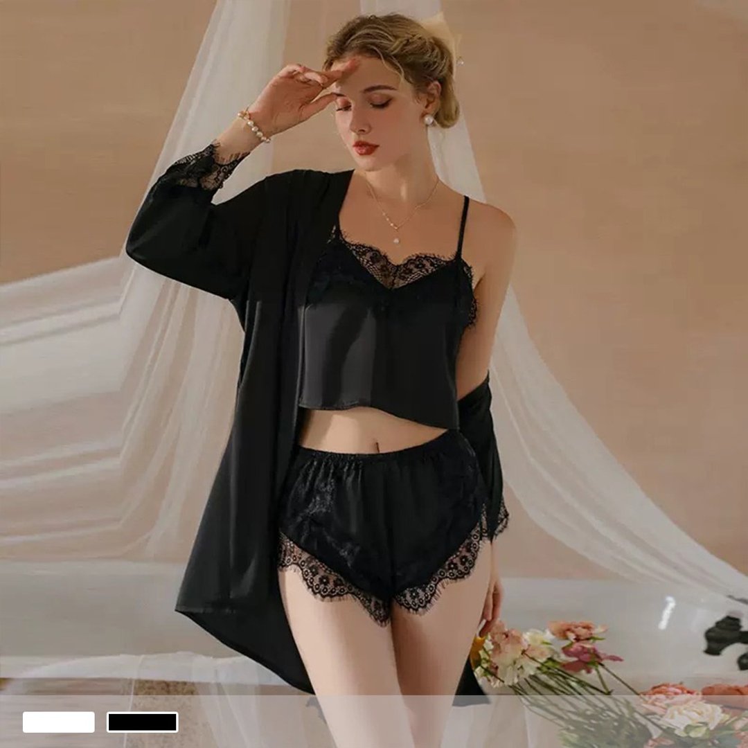 Pink Lady 三件式睡衣 法式迷情丝缎蕾丝睡袍 性感成套睡衣 居家服 - 居家服/睡衣 - 其他人造纤维 黑色