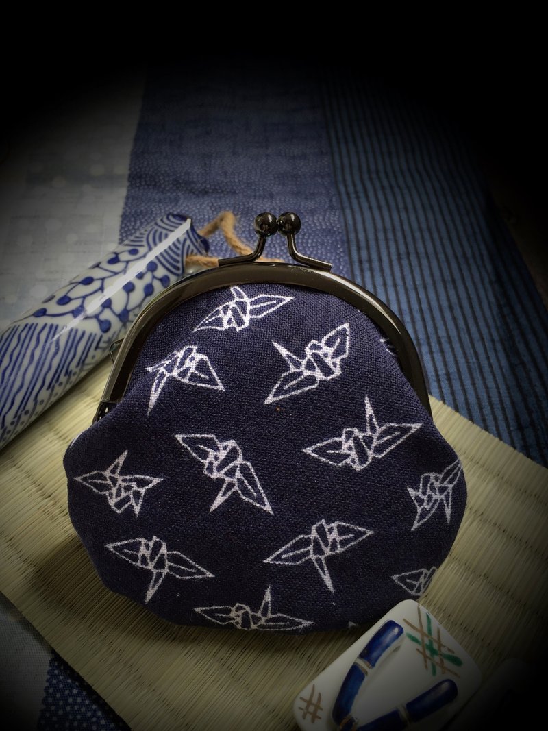 千纸鹤小口金包 - 零钱包 - 棉．麻 蓝色