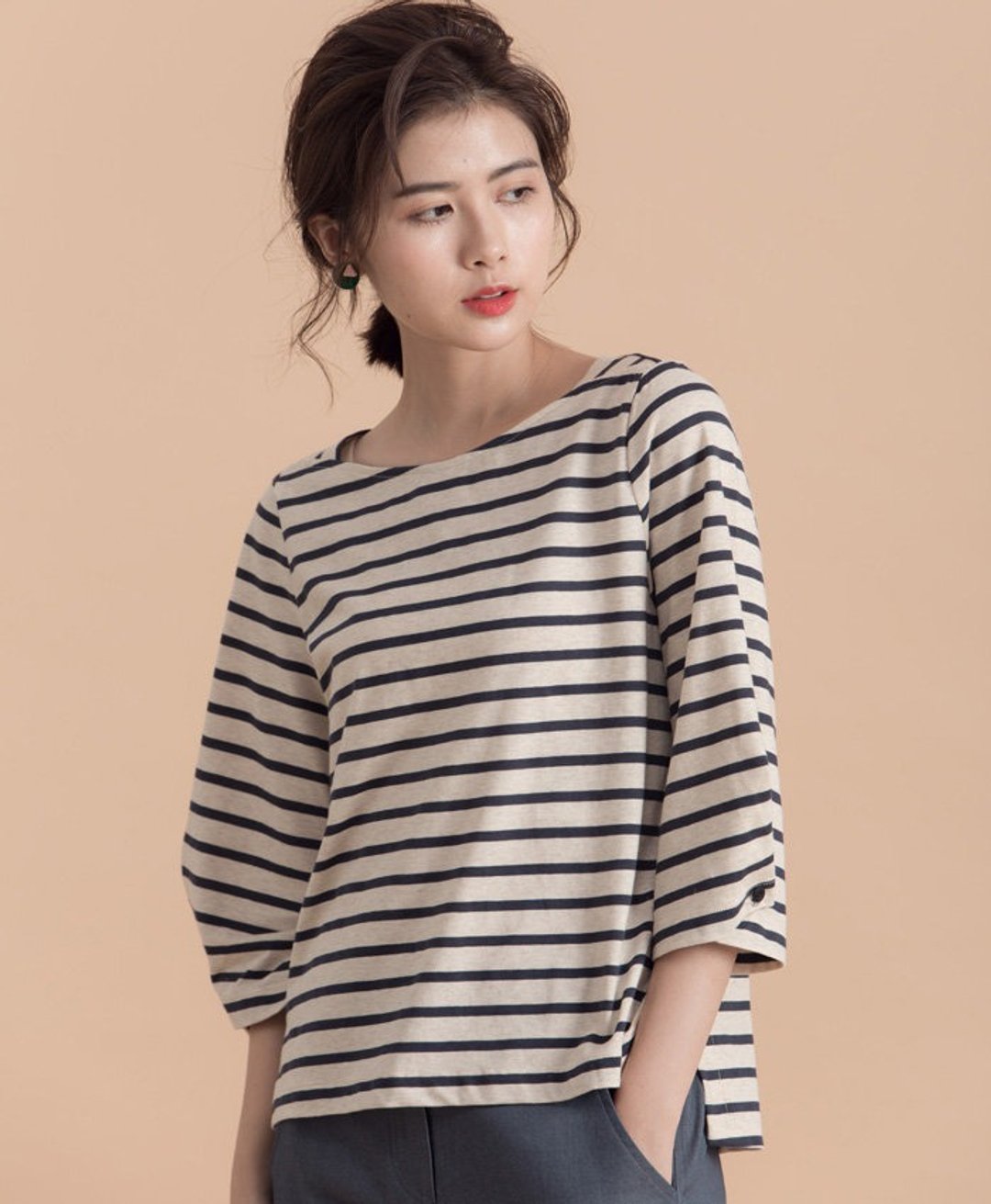 山棱在线漫步七分宽袖上衣-米蓝条 - 女装上衣 - 棉 蓝色