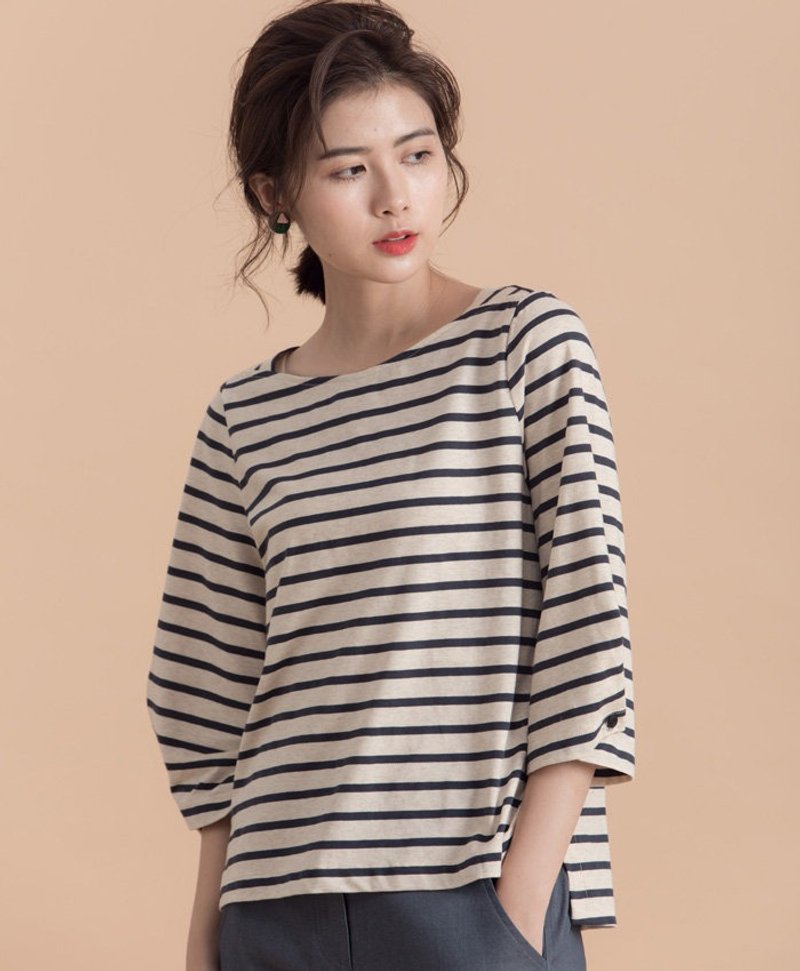 山棱在线漫步七分宽袖上衣-米蓝条 - 女装上衣 - 棉．麻 蓝色