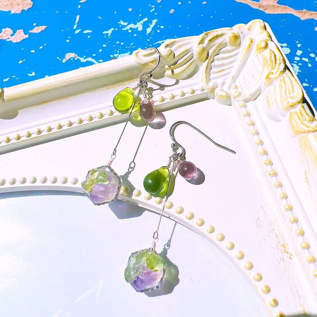 Natural Stone Amethyst/Peridot Hexagon Teardrop Glass Clip-On Hypoallergenic Surgical Stainless Steel 0041 - 耳环/耳夹 - 半宝石 紫色