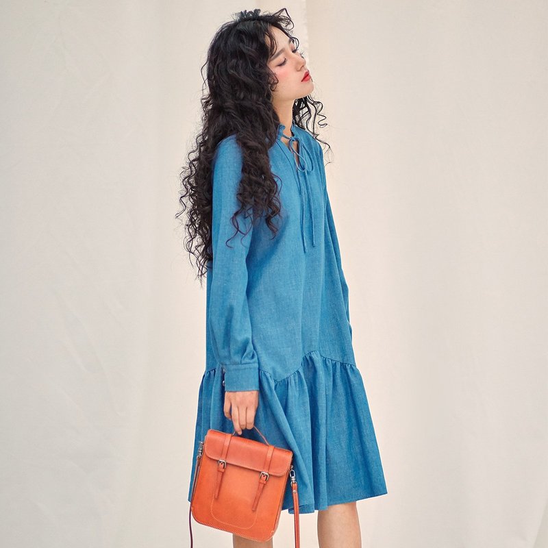 安妮陈2017秋装新款女士下摆褶皱牛仔连身裙洋装 - 洋装/连衣裙 - 棉．麻 蓝色