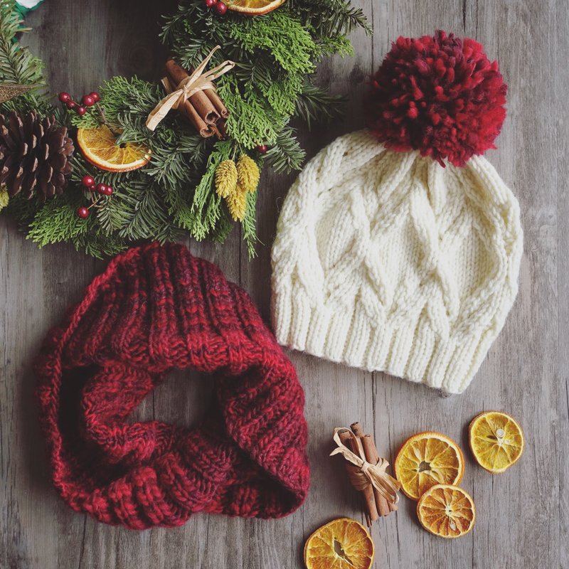 圣诞礼物 儿童毛帽脖围组合(5~8岁) - 帽子 - 羊毛 红色