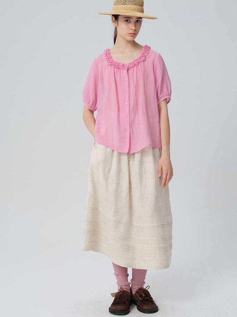 夏日清凉苎麻显白晚樱粉花边领衬衫 - 女装上衣 - 棉．麻 粉红色