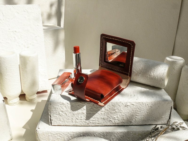 不撞包酒红色植鞣革全真皮口红盒/口红包/口红收纳内含镜子 - 化妆包/杂物包 - 真皮 红色