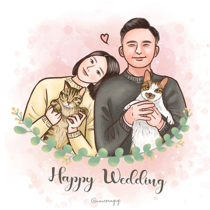 【精致似颜绘】彩色风 | 全家福 |情人节| 毛孩与我 |半身电绘 - 电子手绘真人画像/绘画/插画 - 其他材质 多色