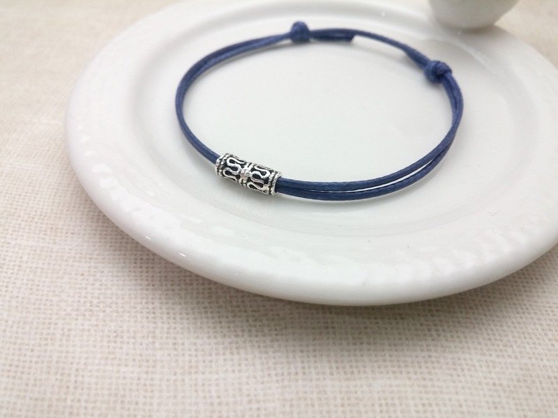 ♥ H.Y ♥ 手作x蜡线手环 s925纯银 镂空银管(黑) 素色简约 蜡绳细线 - 手链/手环 - 其他材质 蓝色