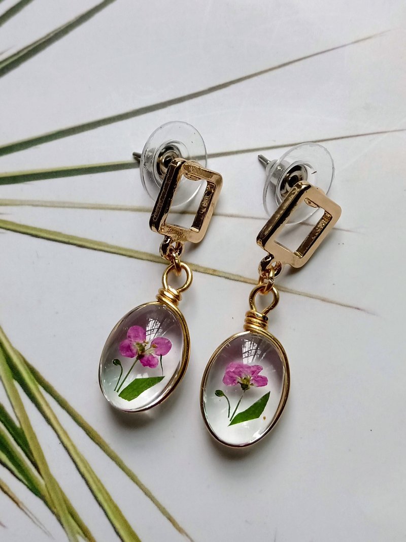 手作押花饰品 | 紫色浪漫小花耳环 - 耳环/耳夹 - 玻璃 紫色