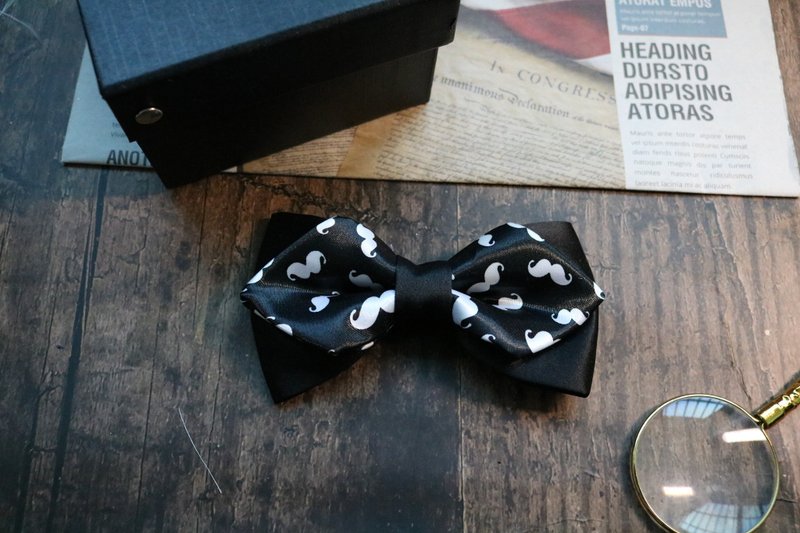 黑色緞面鬍子印花領結雙層鑽石型蝴蝶結 - 领结/领巾 - 聚酯纤维 黑色