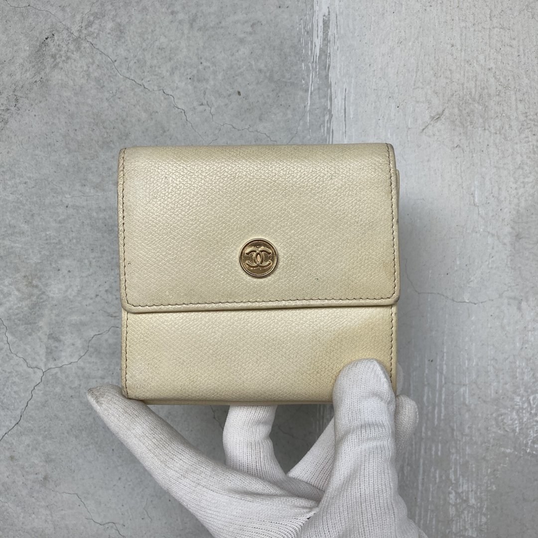 Chanel 香奈儿 奶白 双面 荔枝皮 cc金扣 短夹 古董包 vintage - 皮夹/钱包 - 真皮 白色