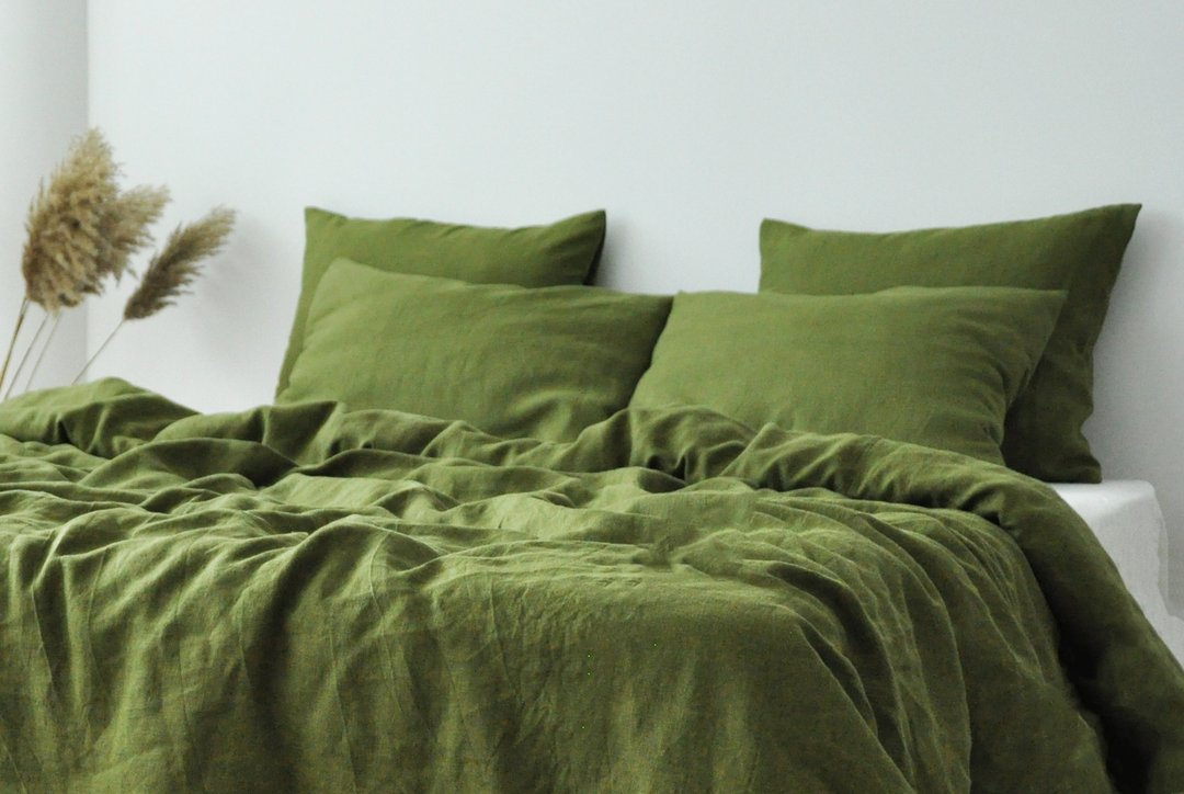 Olive linen pillowcase / Green pillow cover / Euro, American, Taiwan size - 寝具 - 亚麻 绿色