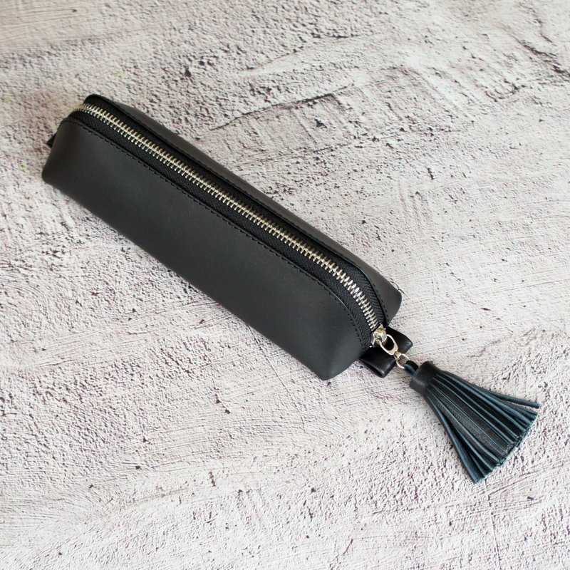 笔袋(极致黑) - 植鞣皮革流苏笔袋 质感文具收纳袋 - 铅笔盒/笔袋 - 真皮 黑色