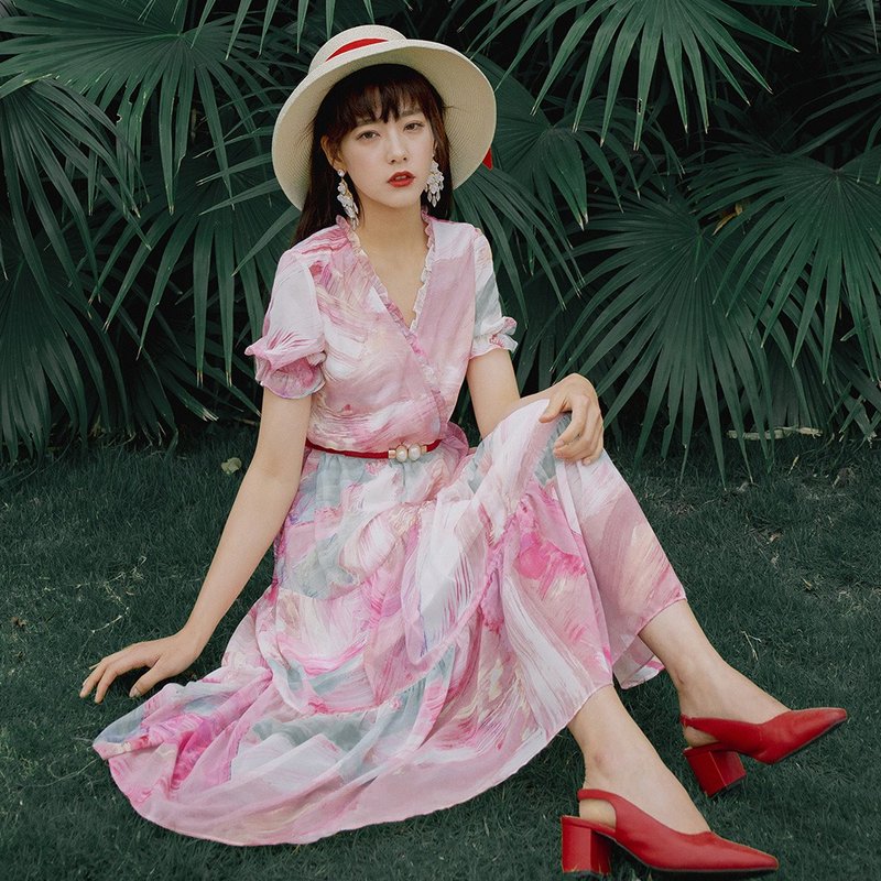 6月18 全馆可享85折 安妮陈2020女夏连衣裙V领压褶洋装拼接连身裙 - 洋装/连衣裙 - 聚酯纤维 多色