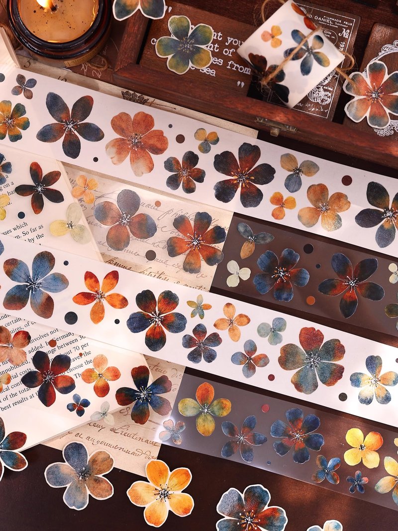 冷茶棕 复古蓝棕大小花和纸PET手帐咕卡贴胶带手帐拼贴 - 纸胶带 - 纸 卡其色