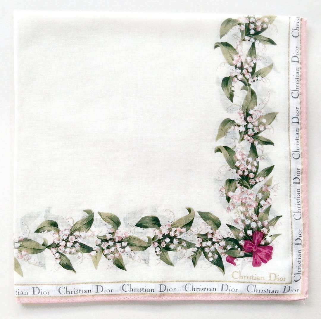 Christian Dior Vintage Handkerchief Lily of the Valley 19.5 x 19 inches - 手帕/方巾 - 棉 粉红色