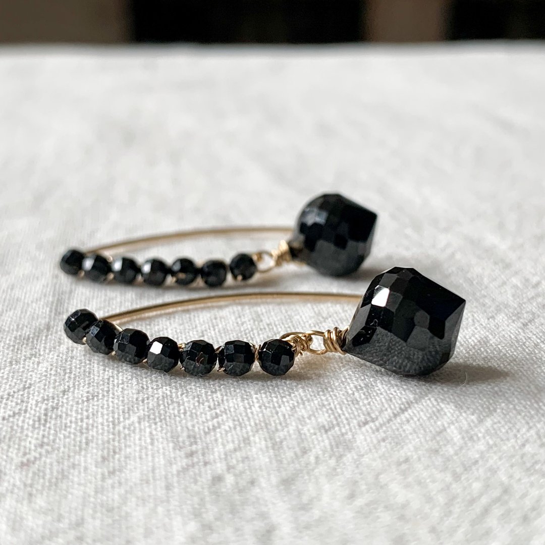 14kgf Black Spinel Marquis Earrings - 耳环/耳夹 - 石头 黑色