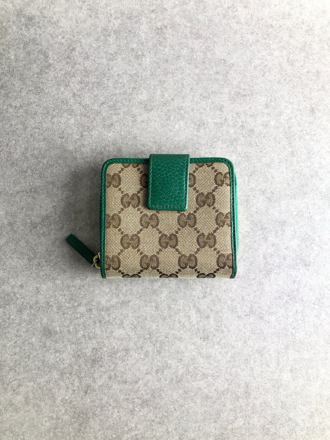 【日本直送，二手包装】GUCCI GG图案钱包米色x绿帆布双折复古vintage老umn2nb - 皮夹/钱包 - 棉 咖啡色